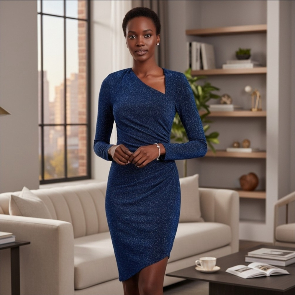 AQUA Women's Asymmetrical Blue Multi Glitter Formal Cocktail Event Dress SMALL